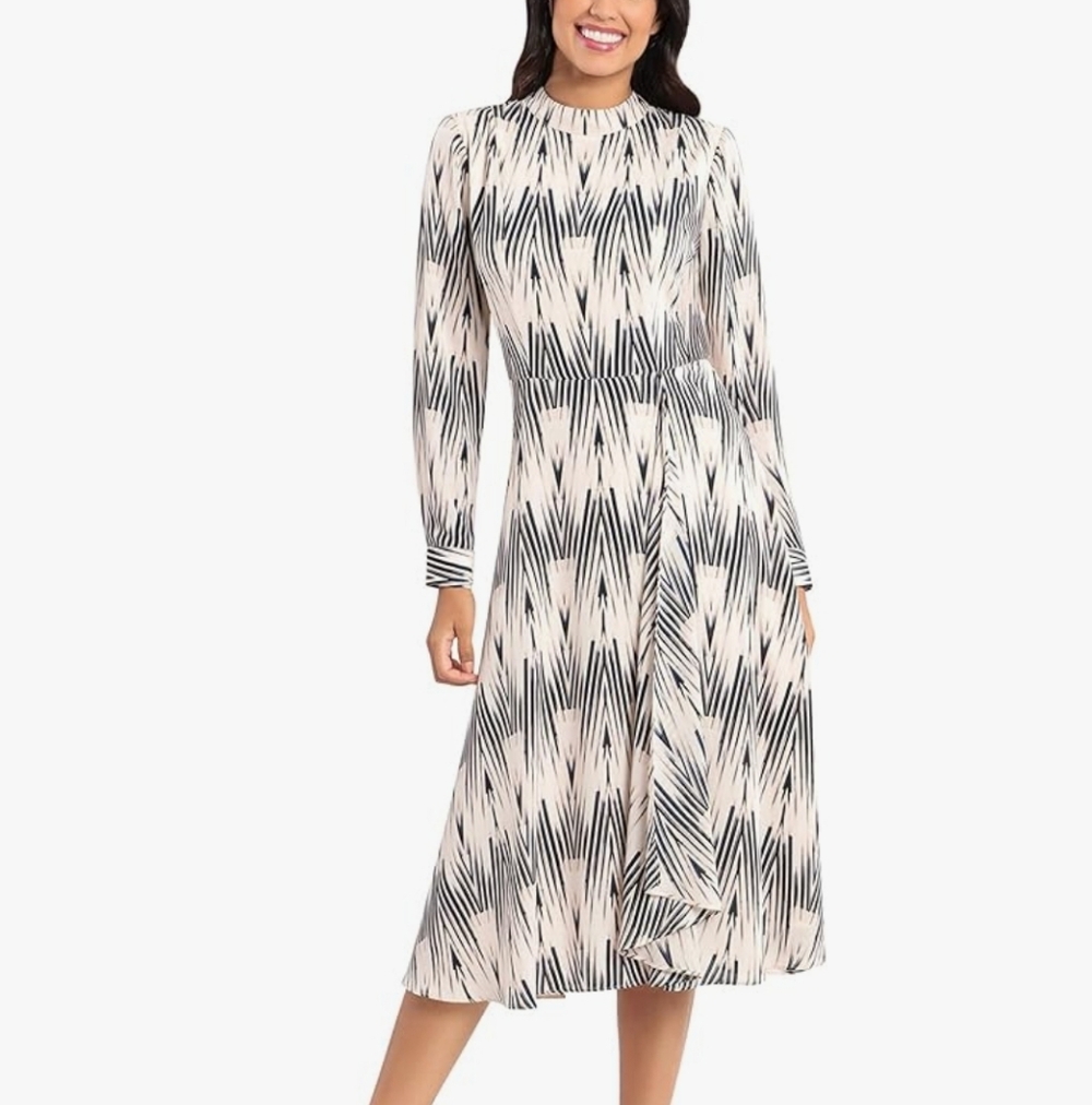 Maggy London Abstract Chevron Print Long Sleeve Midi Dress Size 14 Large Collar